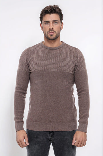 Mink Round Neck Slim Fit Textured Cotton Knit Jumper – Wessi