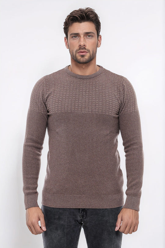 Mink Round Neck Slim Fit Textured Cotton Knit Jumper – Wessi
