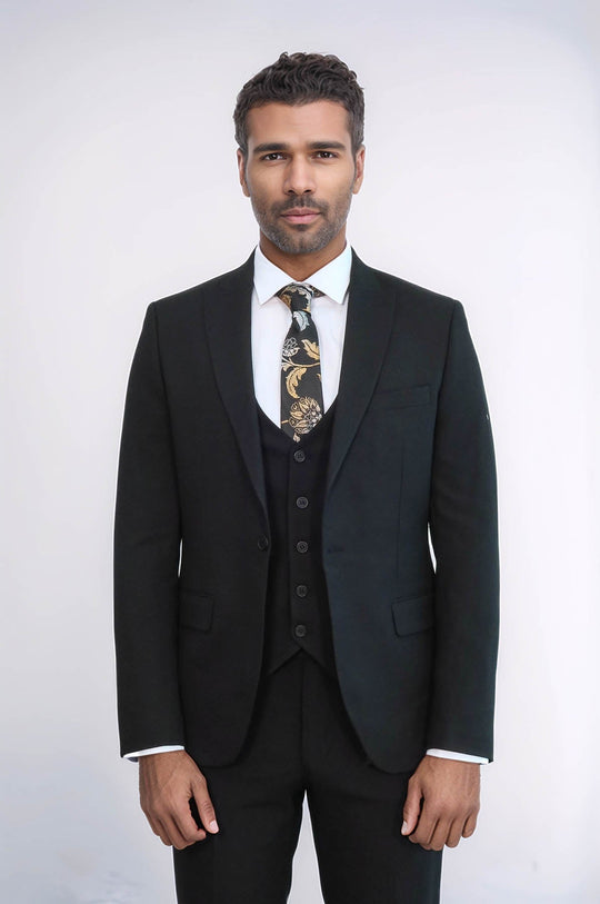 Men's Black 3-Piece Slim Fit Suit with Single Button & Tailored Waistcoat