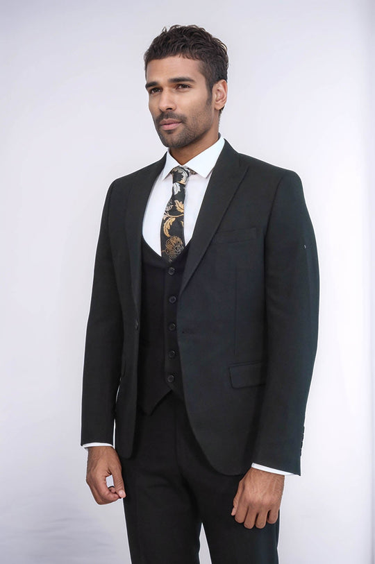 Men's Black 3-Piece Slim Fit Suit with Single Button & Tailored Waistcoat