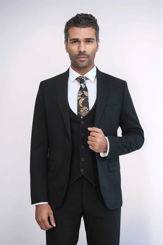 Men's Black 3-Piece Slim Fit Suit with Single Button & Tailored Waistcoat