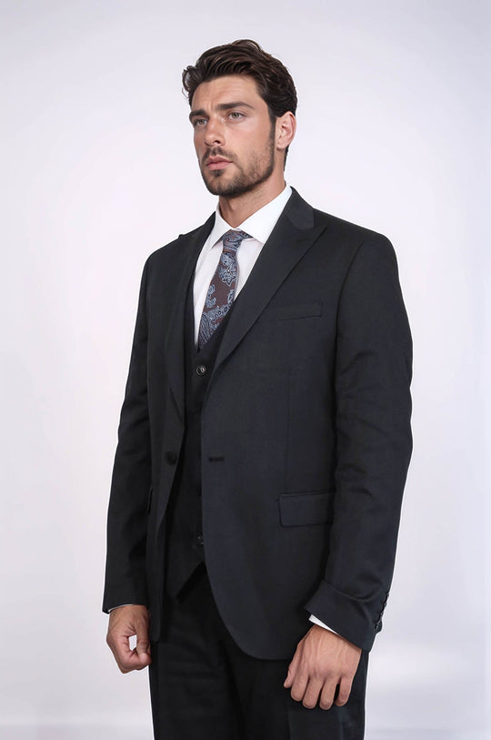 Men's Black 3-Piece Slim Fit Suit with Single Button & Peak Lapel