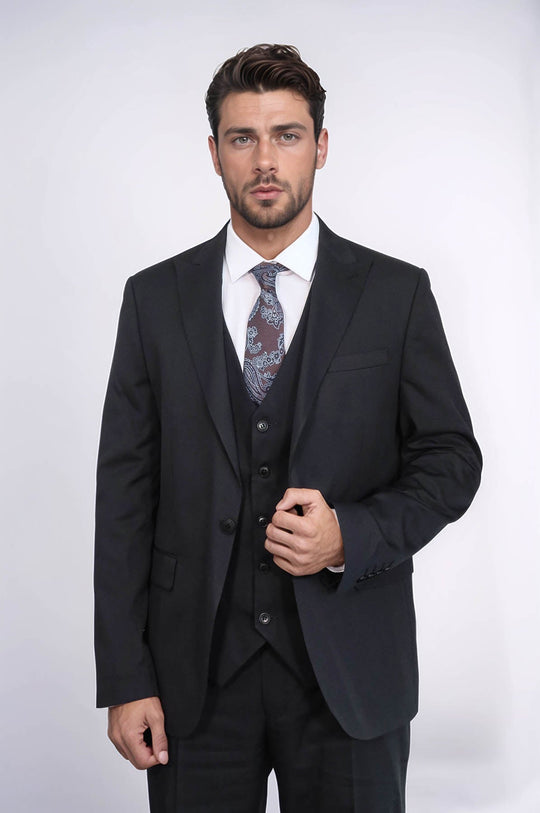 Men's Black 3-Piece Slim Fit Suit with Single Button & Peak Lapel