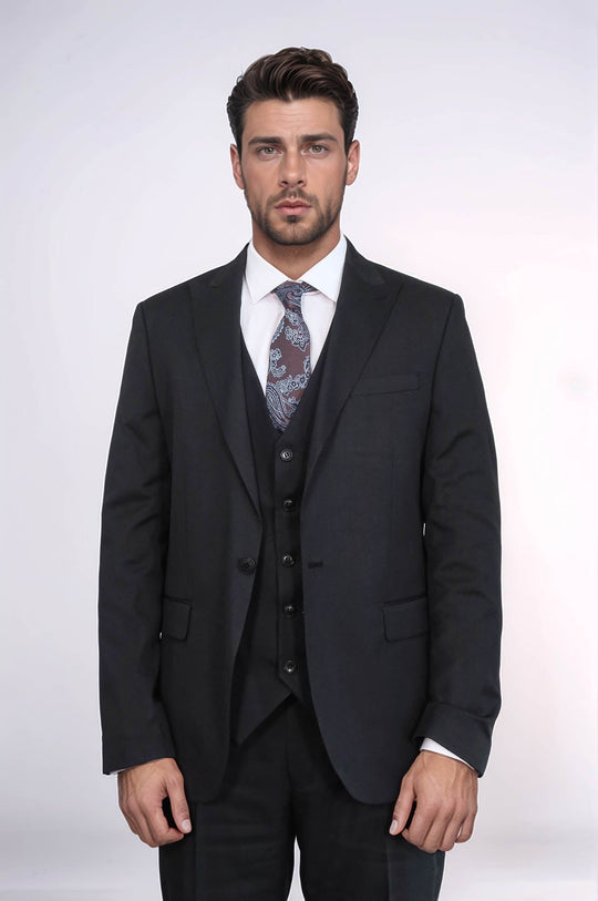 Men's Black 3-Piece Slim Fit Suit with Single Button & Peak Lapel