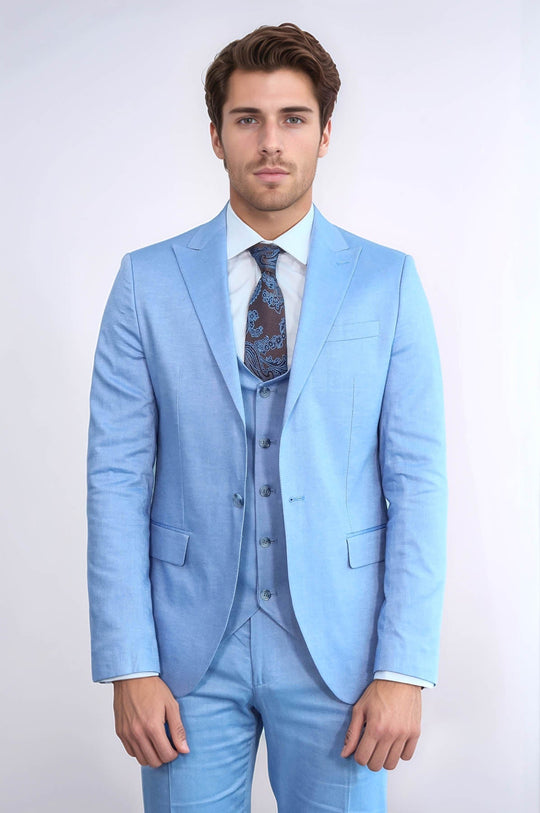 Men's Ice Blue 3-Piece Slim Fit Suit with Peak Lapel & Waistcoat