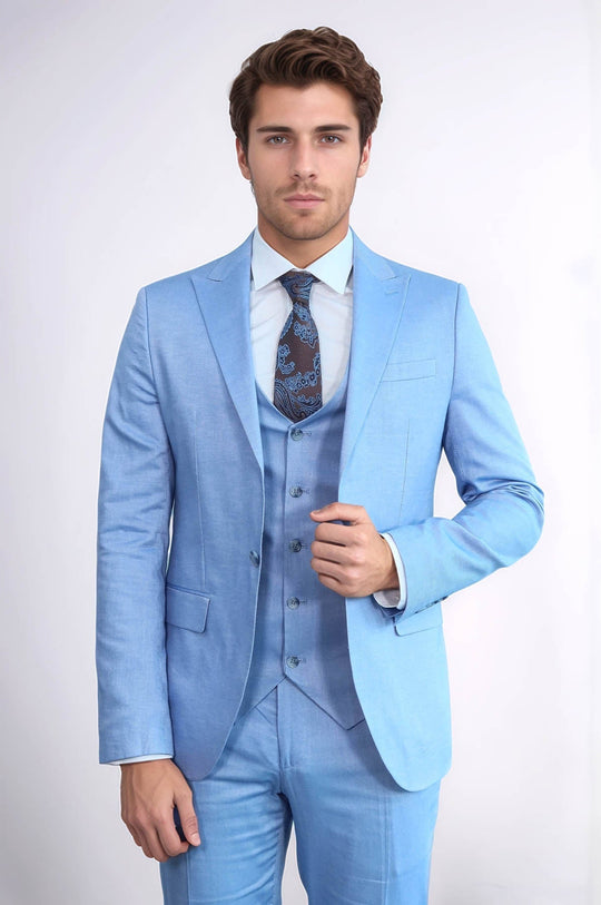 Men's Ice Blue 3-Piece Slim Fit Suit with Peak Lapel & Waistcoat