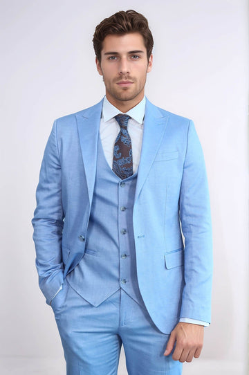 Men's Ice Blue 3-Piece Slim Fit Suit with Peak Lapel & Waistcoat