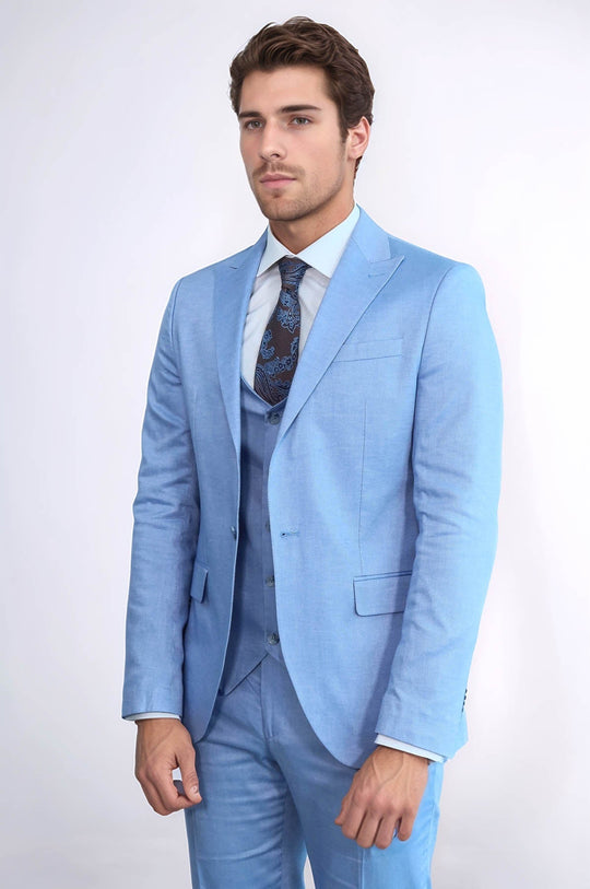 Men's Ice Blue 3-Piece Slim Fit Suit with Peak Lapel & Waistcoat