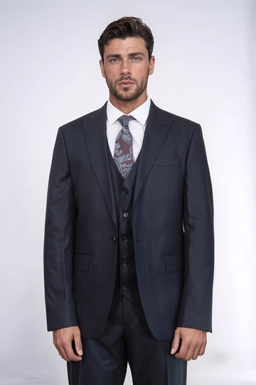 Men's Dark Blue 3-Piece Slim Fit Suit with Single Button & Peak Lapel