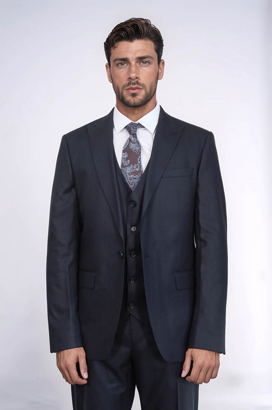 Men's Dark Blue 3-Piece Slim Fit Suit with Single Button & Peak Lapel