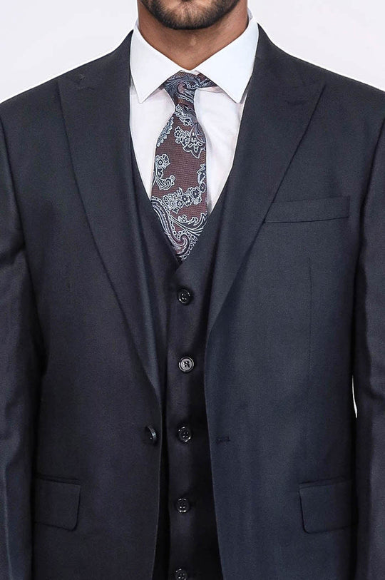 Men's Dark Blue 3-Piece Slim Fit Suit with Single Button & Peak Lapel