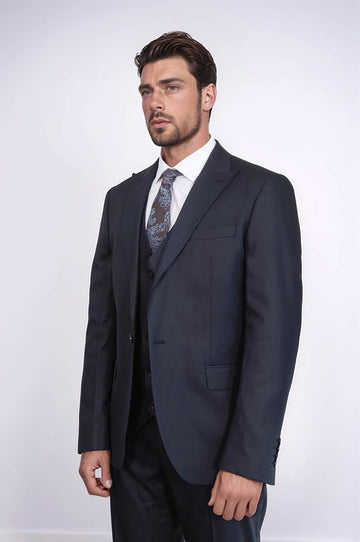 Men's Dark Blue 3-Piece Slim Fit Suit with Single Button & Peak Lapel