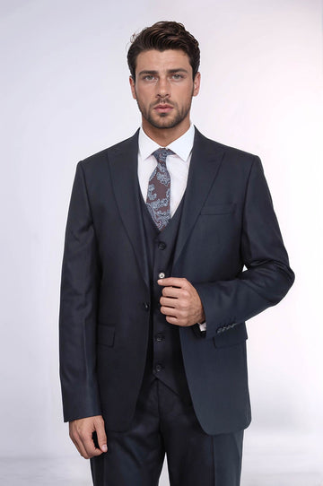 Men's Dark Blue 3-Piece Slim Fit Suit with Single Button & Peak Lapel