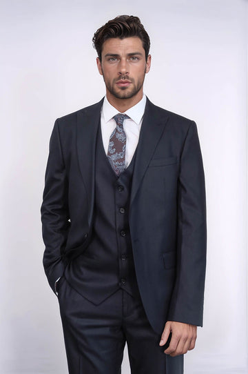 Men's Dark Blue 3-Piece Slim Fit Suit with Single Button & Peak Lapel