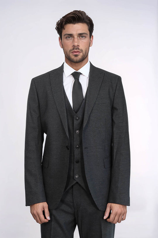 Men's Dark Grey 3-Piece Slim Fit Suit with Peak Lapel & Tailored Waistcoat