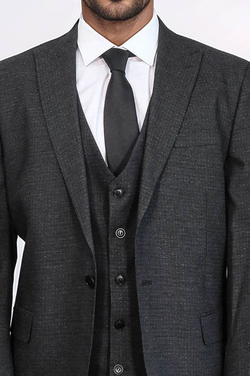 Men's Dark Grey 3-Piece Slim Fit Suit with Peak Lapel & Tailored Waistcoat