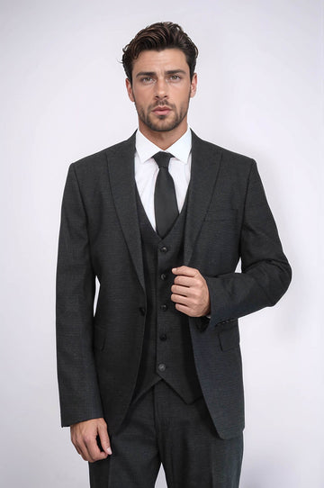 Men's Dark Grey 3-Piece Slim Fit Suit with Peak Lapel & Tailored Waistcoat
