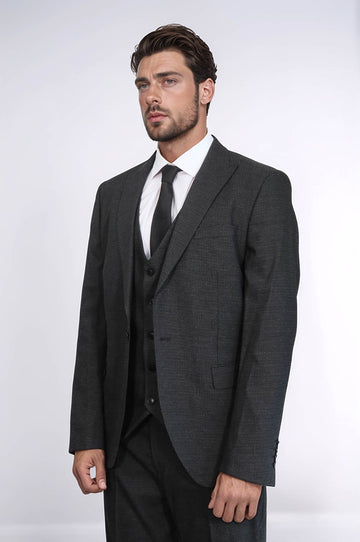Men's Dark Grey 3-Piece Slim Fit Suit with Peak Lapel & Tailored Waistcoat
