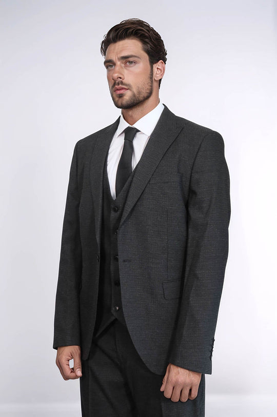 Men's Dark Grey 3-Piece Slim Fit Suit with Peak Lapel & Tailored Waistcoat