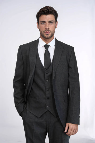 Men's Dark Grey 3-Piece Slim Fit Suit with Peak Lapel & Tailored Waistcoat