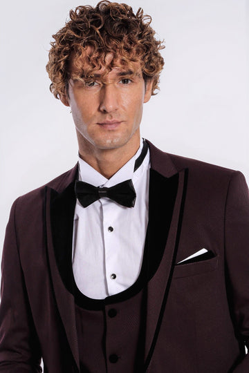 Men's Deep Burgundy Micro-Patterned 3-Piece Slim Fit Tuxedo with Velvet Shawl Lapel