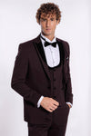 Men's Deep Burgundy Micro-Patterned 3-Piece Slim Fit Tuxedo with Velvet Shawl Lapel