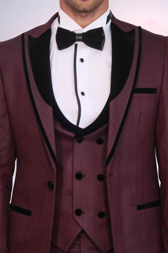 Men's Burgundy Jacquard Velvet Shawl Lapel 3-Piece Slim Fit Tuxedo