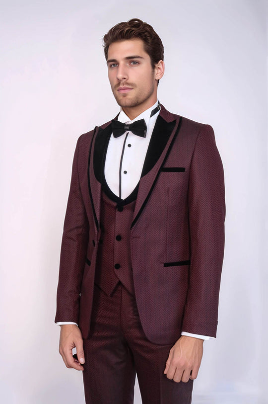 Men's Burgundy Jacquard Velvet Shawl Lapel 3-Piece Slim Fit Tuxedo