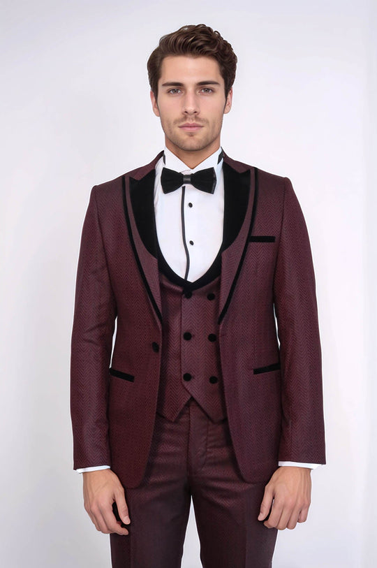 Men's Burgundy Jacquard Velvet Shawl Lapel 3-Piece Slim Fit Tuxedo