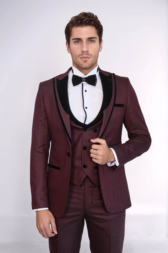 Men's Burgundy Jacquard Velvet Shawl Lapel 3-Piece Slim Fit Tuxedo