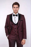 Men's Burgundy Jacquard Velvet Shawl Lapel 3-Piece Slim Fit Tuxedo