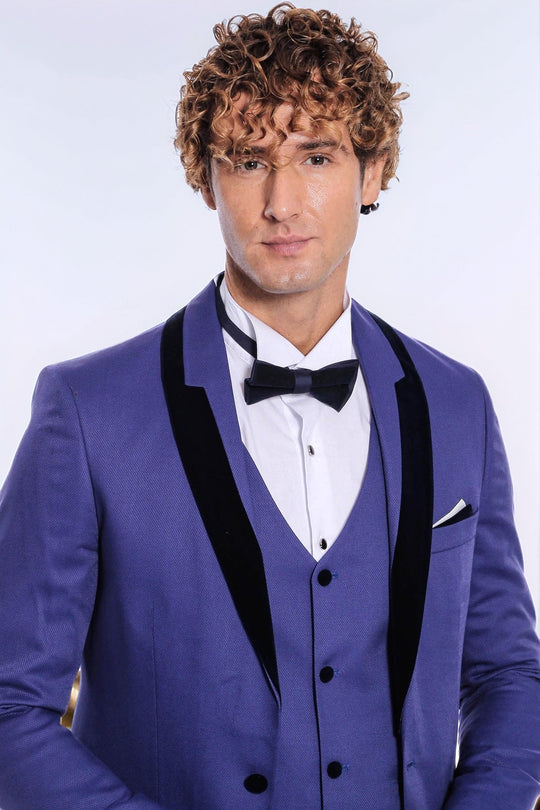 Men's Indigo Blue Micro-Patterned 3-Piece Slim Fit Tuxedo with Velvet Lapel