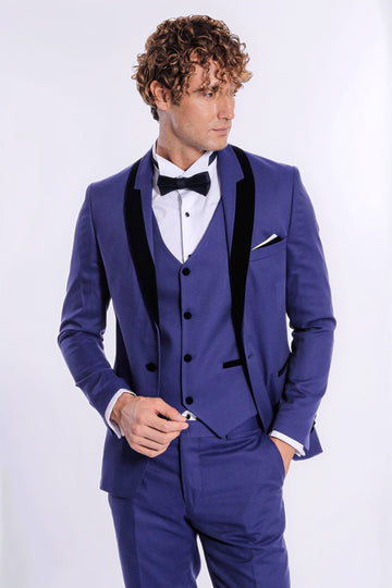 Man wearing a blue suit with black lapels and a bow tie on a white background