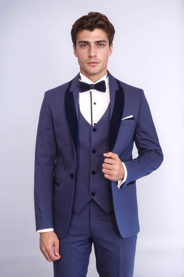 Navy Blue Slim Fit Patterned Velvet Shawl Lapel 3-Piece Tuxedo – Wessi
