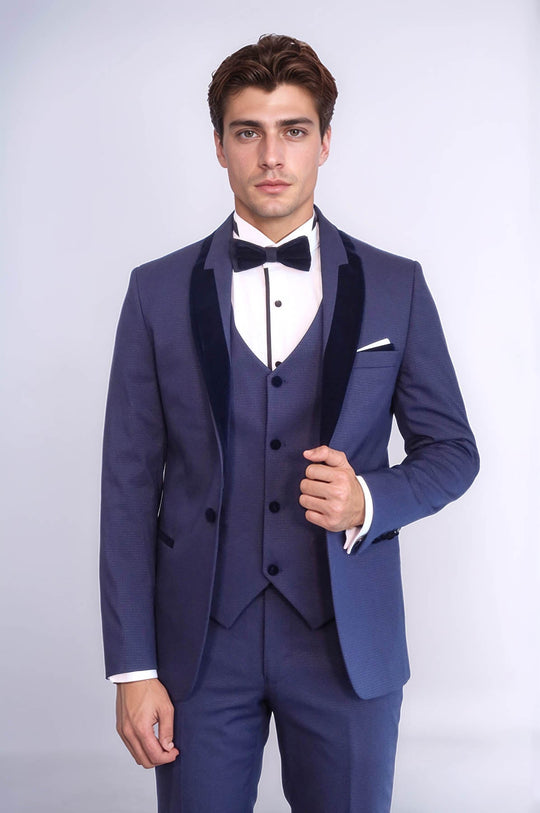 Navy Blue Slim Fit Patterned Velvet Shawl Lapel 3-Piece Tuxedo – Wessi