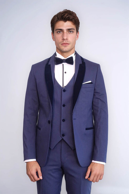 Navy Blue Slim Fit Patterned Velvet Shawl Lapel 3-Piece Tuxedo – Wessi
