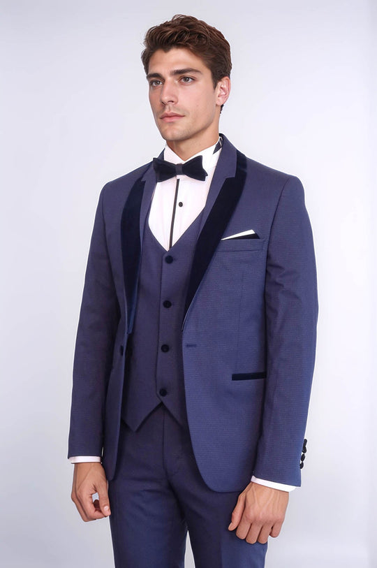 Navy Blue Slim Fit Patterned Velvet Shawl Lapel 3-Piece Tuxedo – Wessi