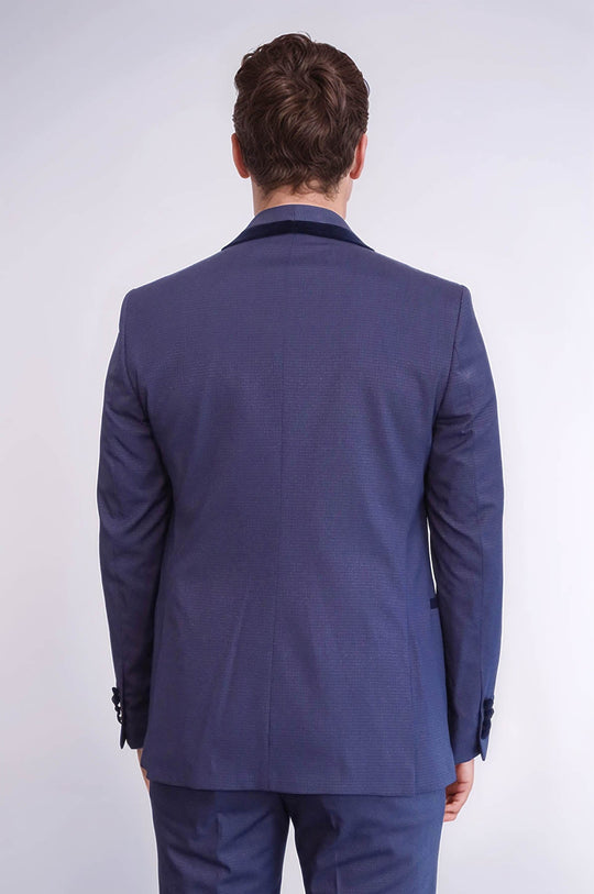 Navy Blue Slim Fit Patterned Velvet Shawl Lapel 3-Piece Tuxedo – Wessi