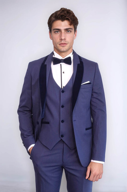 Navy Blue Slim Fit Patterned Velvet Shawl Lapel 3-Piece Tuxedo – Wessi