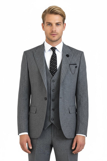Men's Graphite Grey Pinstripe 3-Piece Slim Fit Suit