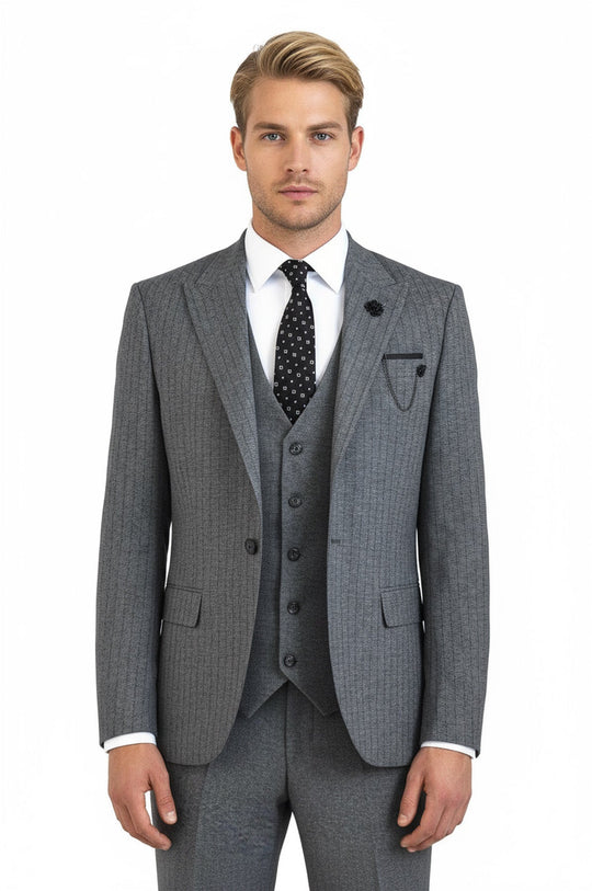 Men's Graphite Grey Pinstripe 3-Piece Slim Fit Suit