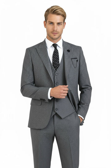 Men's Graphite Grey Pinstripe 3-Piece Slim Fit Suit