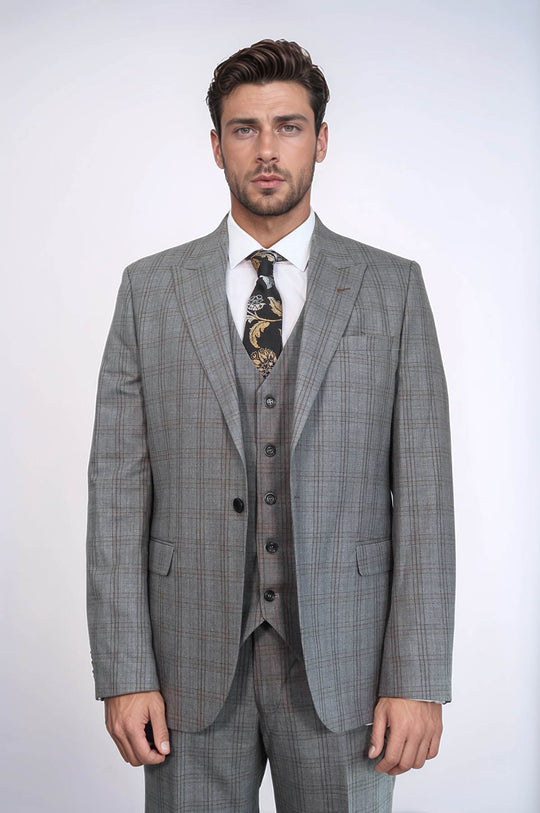 Men's Pebble Grey Glen Check 3-Piece Slim Fit Suit
