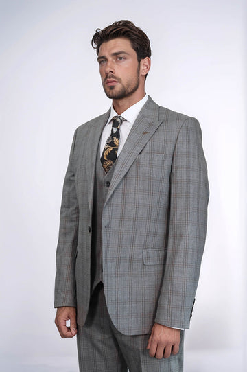 Men's Pebble Grey Glen Check 3-Piece Slim Fit Suit
