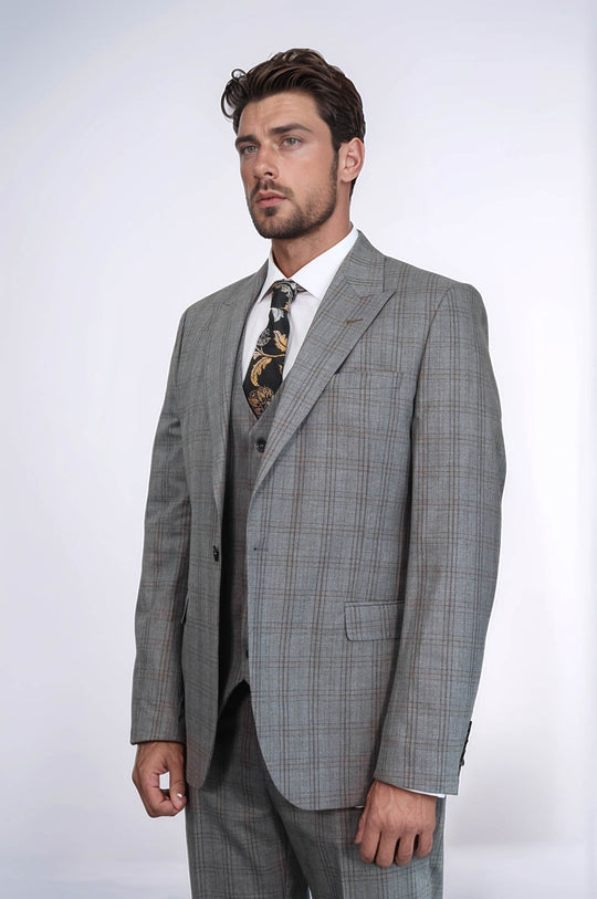 Men's Pebble Grey Glen Check 3-Piece Slim Fit Suit