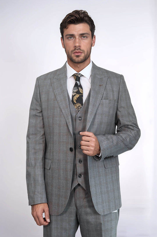 Men's Pebble Grey Glen Check 3-Piece Slim Fit Suit