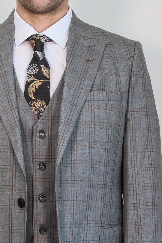 Men's Pebble Grey Glen Check 3-Piece Slim Fit Suit