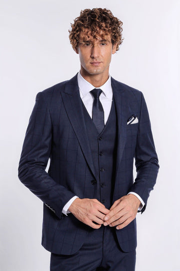 Men's Royal Navy Shadow Windowpane 3-Piece Slim Fit Suit