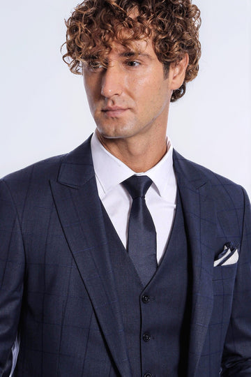 Men's Royal Navy Shadow Windowpane 3-Piece Slim Fit Suit