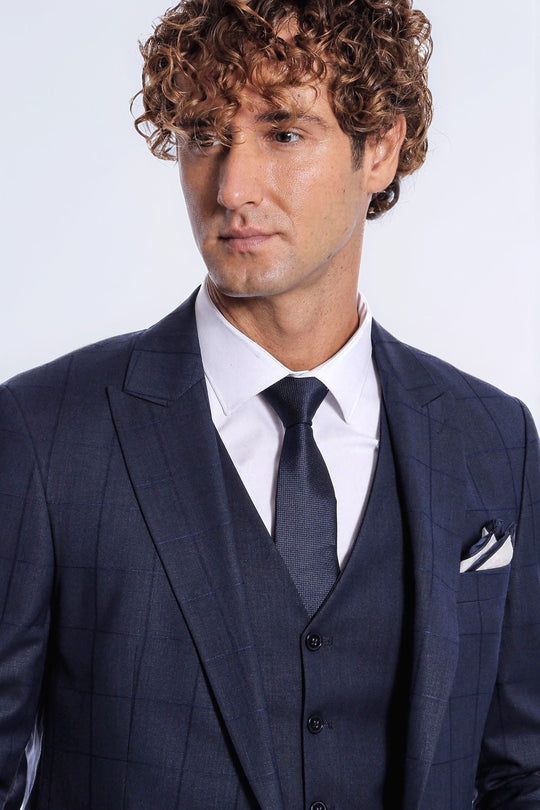 Men's Royal Navy Shadow Windowpane 3-Piece Slim Fit Suit